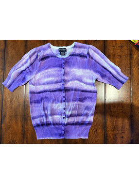 Sutton Studio Purple Striped Button Up Short Sleeve Cardigan, Women's Size Small